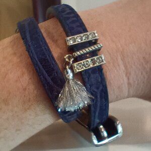 Handmade dark blue leather wrap around bracelet with large metal hook style buck